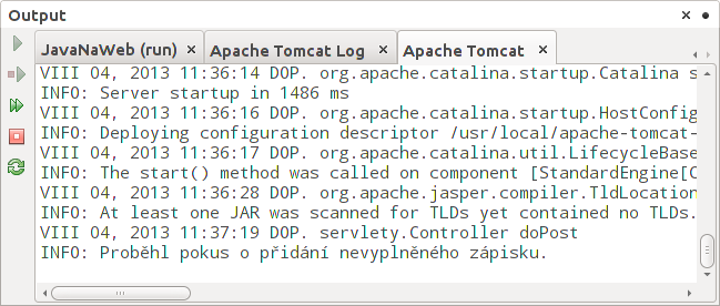 Výstupní konzole Apache Tomcat